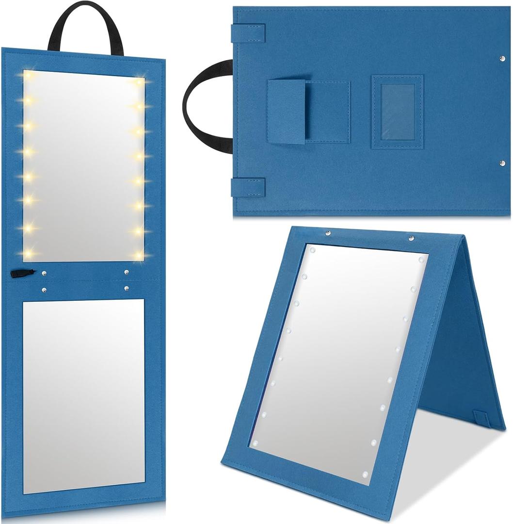 Youyole 1 Pack Foldable Mirror Portable Full Length with Light 31.5x11.8 Inch Hanging Folding Mirror for Backstage Dancers Travel Home Fitness Spa Gift(Blue)