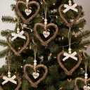 Valentines Day Tree Decorations: 8pcs Vintage Rattan Heart Tree Ornaments with White Bowknots & Wood Beads, Rustic Love Heart Valentines Day Decor for Home Office Wedding