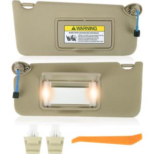 Sun Visor Pair for 2008-2017 Honda Accord - Driver & Passenger Side Replacement (Beige Color) - with Vanity Light (Illuminated) - Replaces# 83280-TA0-A91ZB - Includes Clips & Instructions