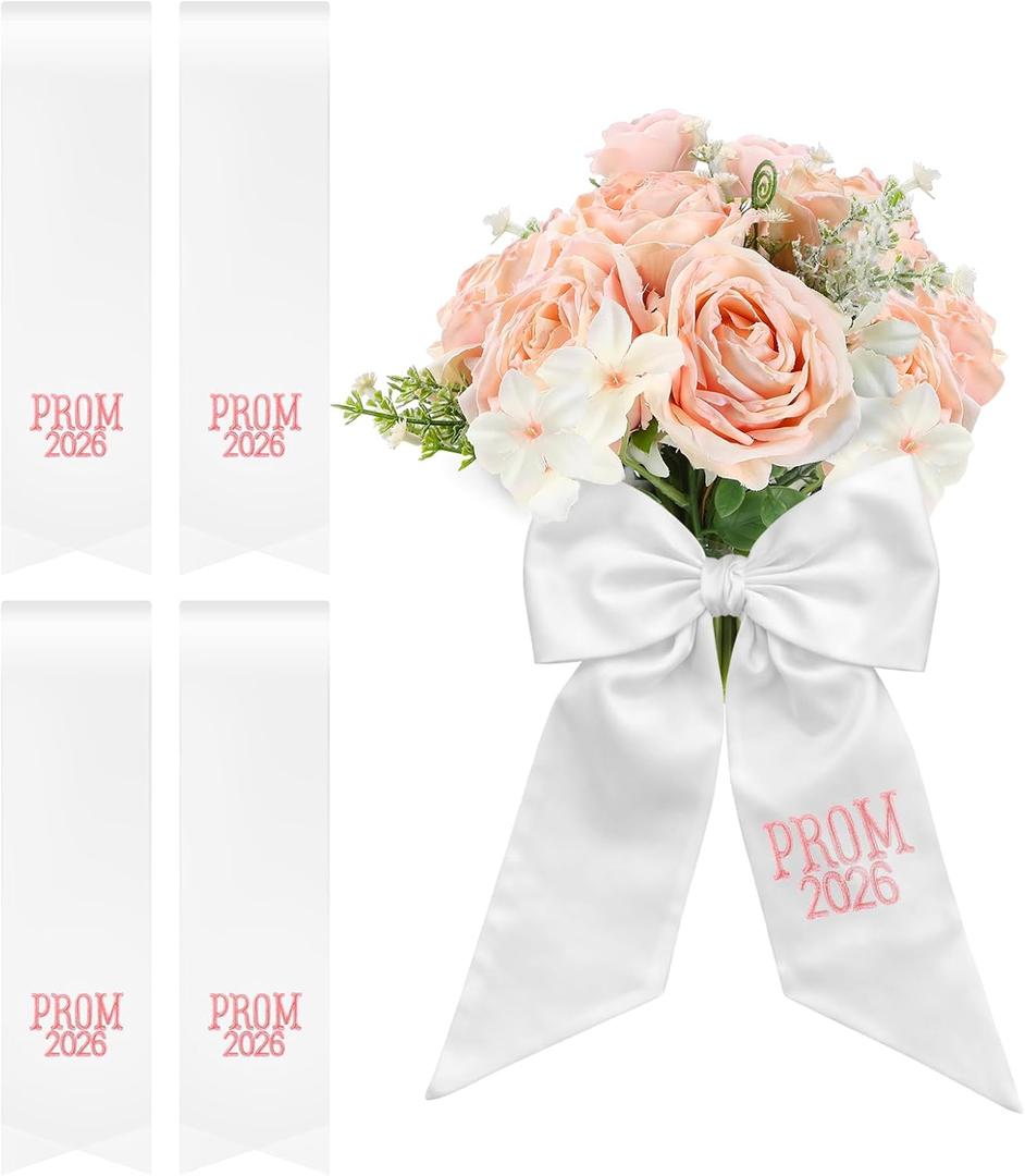 Frienda 4 Pcs Prom Bouquet Ribbon Bow Bouquet Sash Graduation Prom 2026 Ribbon 3 x 25 Inch Silk Bow for Flower Wrap DIY Crafts Congrats Grad Party Decor Senior Night Decorations(Pink)