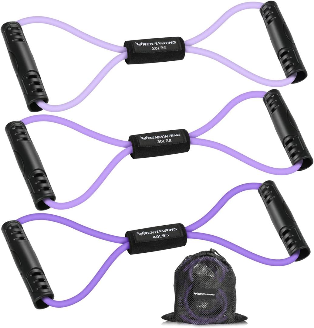 RENRANRING Figure 8 Fitness Resistance Bands with Handles - Exercise Tube Band Set of 3 for Arm and Shoulder Stretch, Rope 8 Word Elastic for Women and Men (Purple series)
