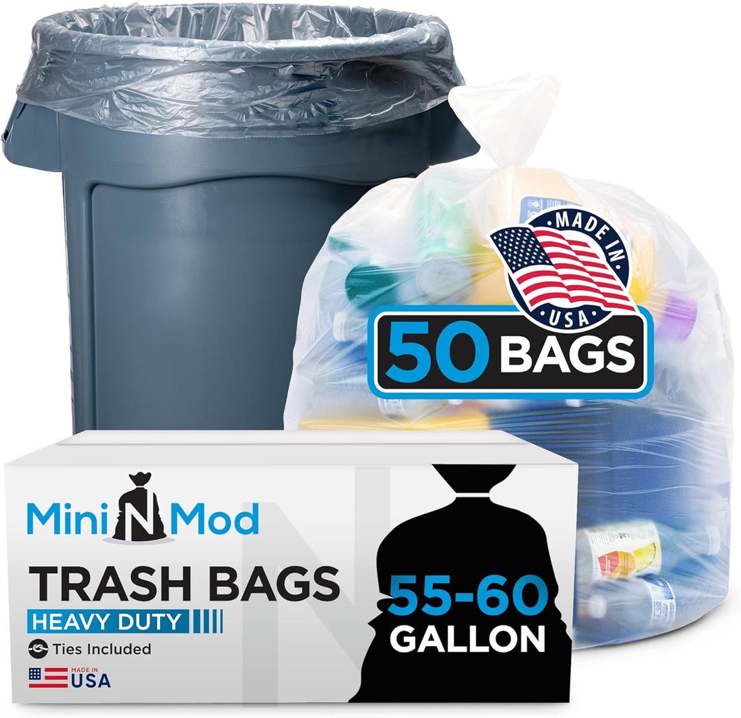 55-60 Gallon Clear Trash Bags | 50 Count | Large Clear Plastic Bags for Recycling, Garbage, and Commercial Use Fits 55 Gallon and 60 Gallon Trash Cans