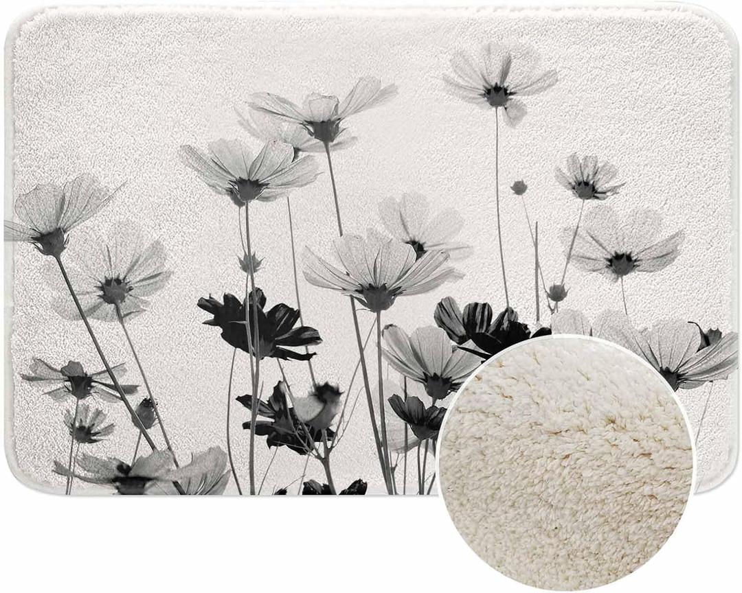 Cosmos Flowers Bath Mat for Bathroom Black and White Pattern Bath Rugs Door Mat Non Slip Rubber Backed Bathroom Floor Mat for Bathtub Sink Shower 20"X32" (2'8" x 1'8" (Rectangular))