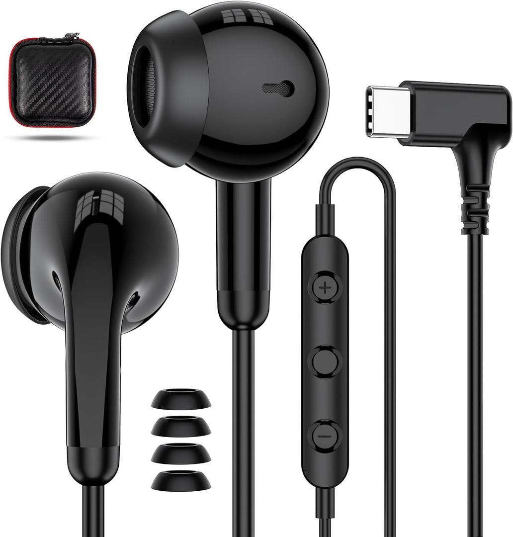APETOO USB C Headphones Wired Earbuds, 90Right Angle Type C Earphones with Mic Volume Control for iPhone 17 16 15/Galaxy S26 S25, Noise Canceling HiFi Stereo Ear Buds for iPad Pro Pixel 10 9 8, Black