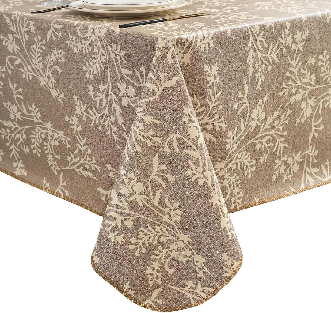 LIBERECOO Vinyl Tablecloth with Flannel Backing Indigo Botanical Charm, Waterproof, Wipeable, Durable Table Cover  4 Colors (54" x 54" (Square), Rustic Cocoa)