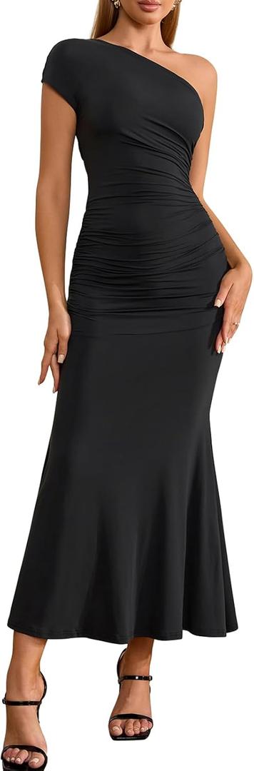 Summer One Shoulder Wedding Guest Dresses for Women Elegant Long Formal Bodycon Ruched Bridesmaid Midi Dress 2026 (Black, XL)
