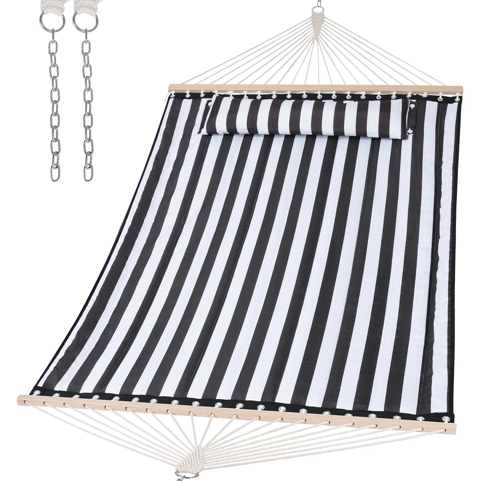 SUNCREAT Double Quilted Hammock, Black Stripes | Hardwood Spreader Bar, Extra Large Soft Pillow, Heavy Duty 2 Person, Indoor, Outdoor