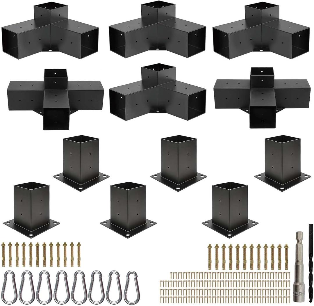 Pergola Bracket Kit 4x4 (Actual 3.6 x 3.6 in), 3-Way Corner & 4-Way Center Brackets with Post Base Set, Heavy Duty 2mm Steel Hardware with Hooks for Patio, Gazebo & Backyard Build