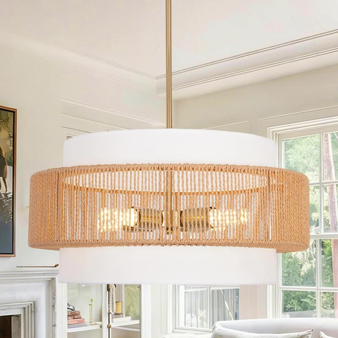 19.7" Boho Rattan Chandelier, 4-Light Handwoven Farmhouse Pendant Light with Fabric Shade, Height Adjustable Chandeliers for Dining Room Living Room Kitchen Island Bedroom Foyer