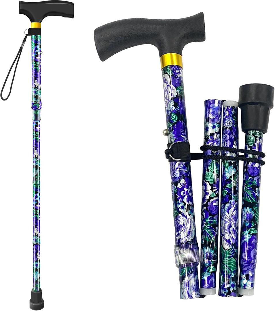 SPRING SEAON Folding Cane for Men and Women Lightweight, Adjustable Walking Stick with Comfortable Handle  Compact and Portable Collapsible Walking Cane for Travel and Daily Use (Purple Floral)