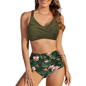 Uikue Womens High Waisted Bikini Sets Two Piece Swimsuit V Neck Twist Front Swimwear Tummy Control Full Coverage Bathing Suit(Green Floral, L)