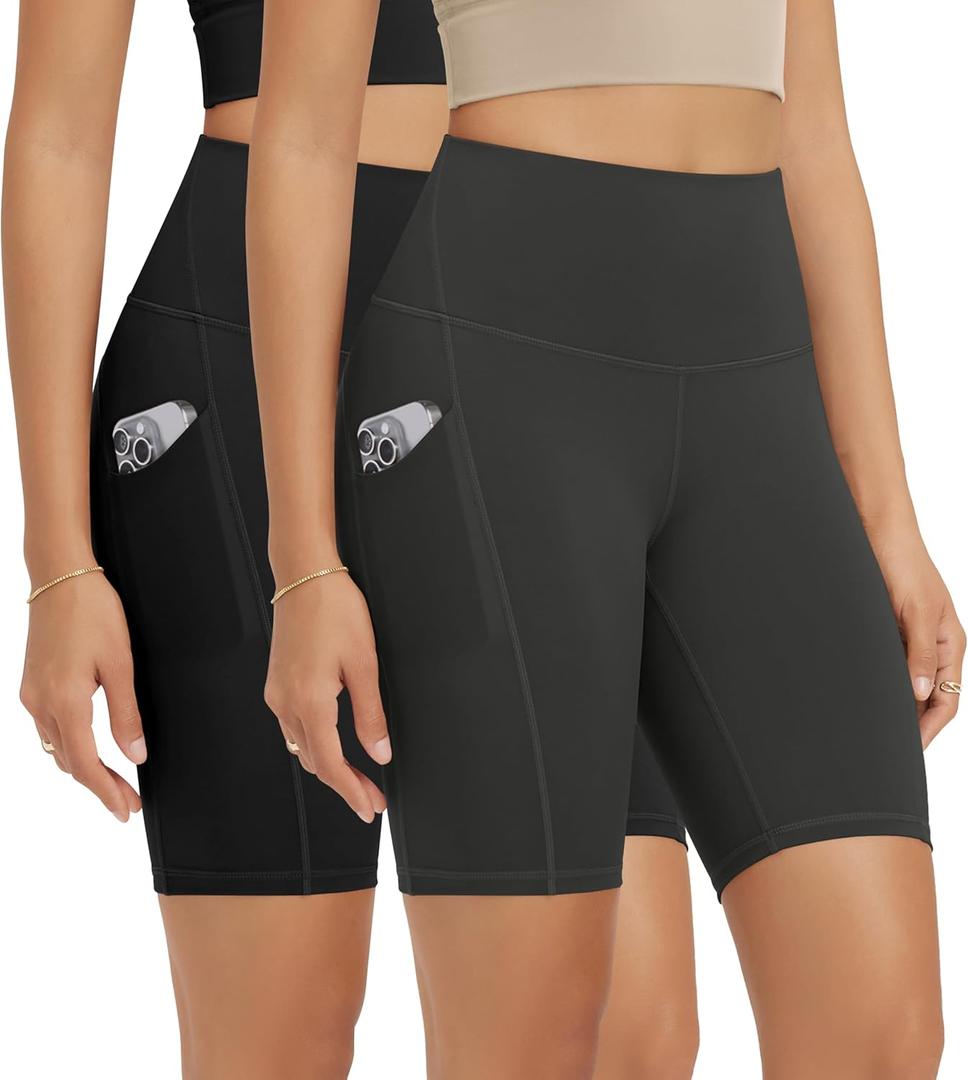 ODODOS 2-Pack High Waist Workout Shorts with Pockets for Women 6"/8" Inseam Tummy Control Gym Athletic Biker Shorts (Black, XS)