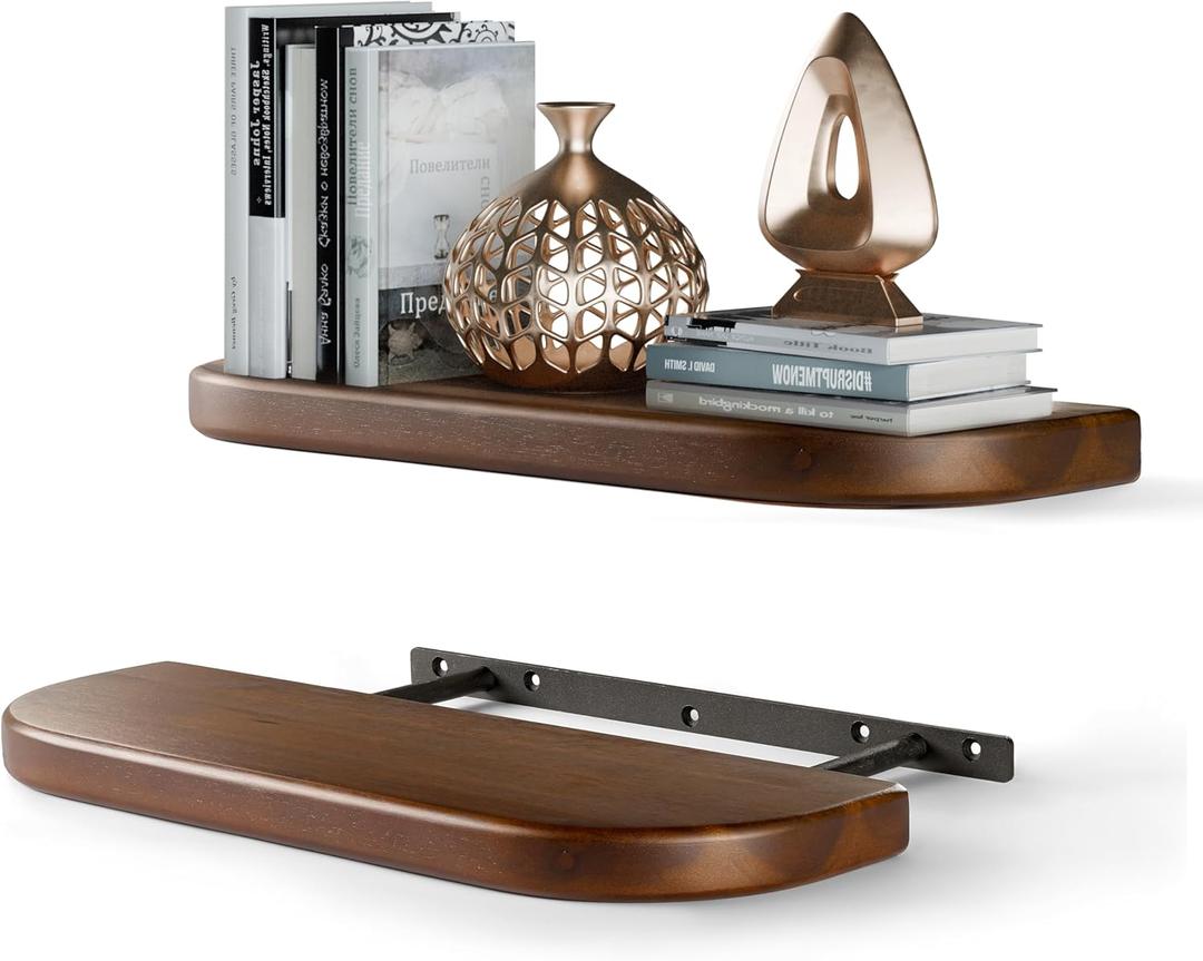 BATODA Set of 2 17" Acacia Wood Floating Shelves Wall Mounted (Round Edge)  Wooden Decorative Wall Bookshelf - Storage Shelf Organizer for Home - Black Brackets and Shelving Mounting Included(Walnut)