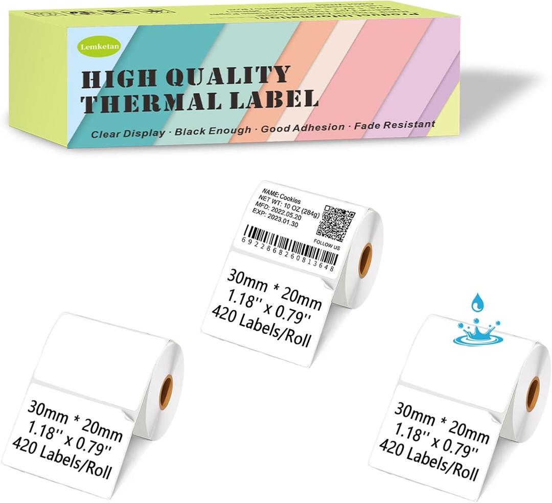 Thermal Labels Compatible for Supvan T50M Pro, Phomemo M110, Label Maker Tape Refill, Weatherproof & Tear-Resistant Thermal Stickers (30mm x 20mm, 1.18''x0.79'')