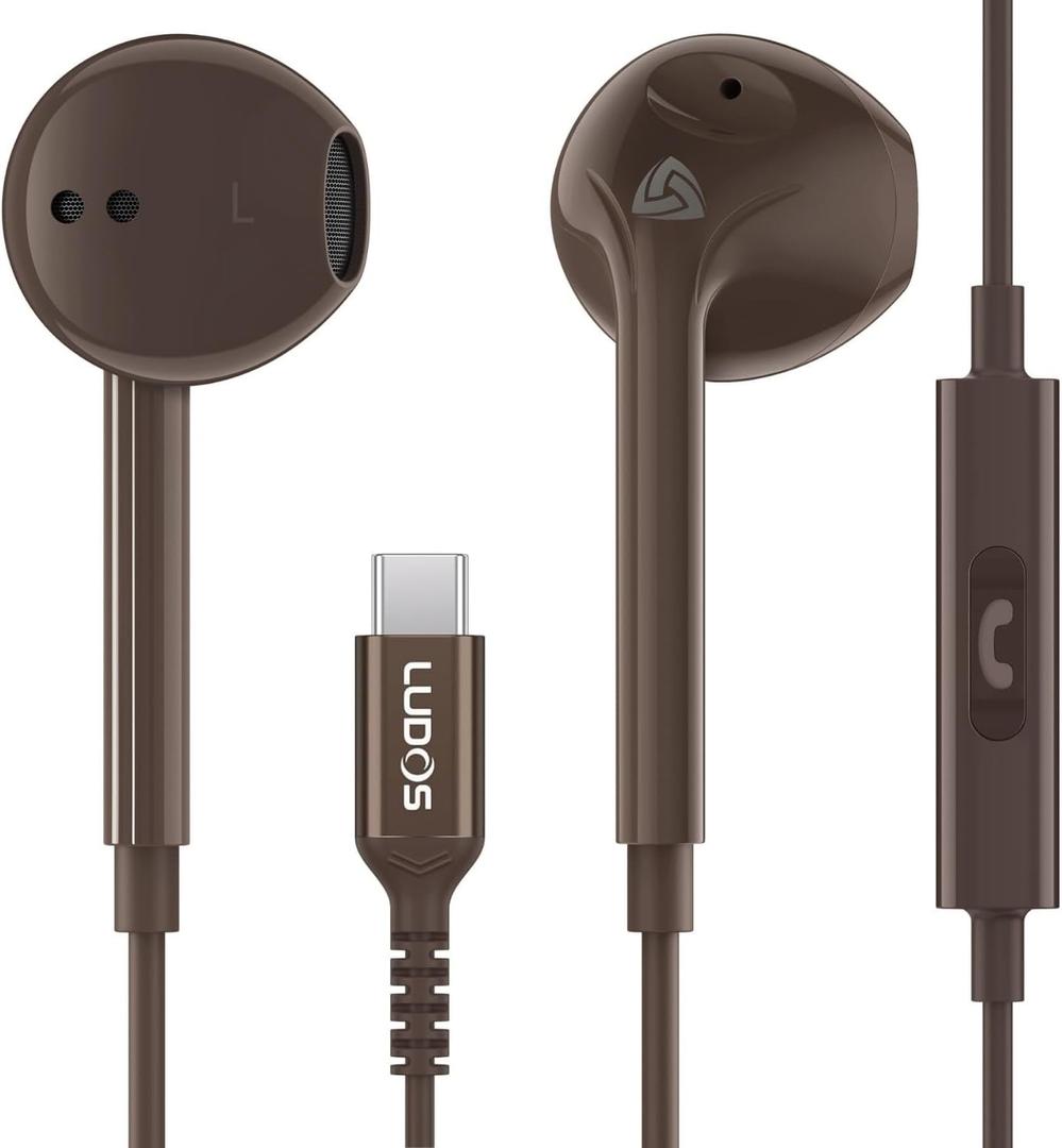 LUDOS Zenith USB C Headphones for iPhone 17 16 15 Pro Max Plus Air iPad Pro Air, USB-C Earbuds for Galaxy S24 S23 Ultra S22 S21 S20 A55 A54 A53, USB Type C Earphones - Brown