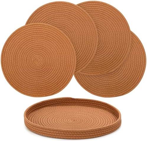 15-Inch Round Woven Placemats Set of 5 with Matching Storage Basket - Heat Resistant, Non-Slip Natural Cotton Table Mats for Indoor & Outdoor Dining, Perfect Boho & Modern Farmhouse Party Decor