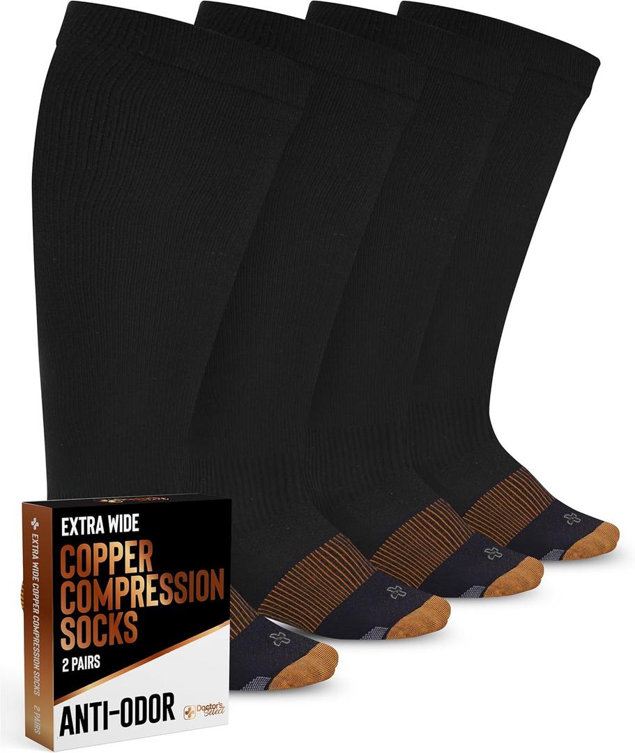 Doctor's Select Copper Plus Size Compression Socks Wide Calf - 2 Pairs | 20-30mmHg Extra Wide Calf Compression Sock Women | Copper Socks for Swelling, Varicose Veins | Extra Wide Calf Compression Sock | Black Wide Compression Socks for Women & Men, Size  XX-Large