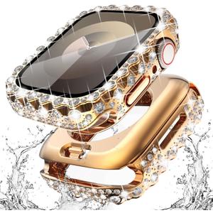 2 x Surace 2 in 1 Waterproof Bling Case Compatible for Apple Watch Series 9/8/7 41mm Screen Protector, Lace Edge Diamond Protective Bumper Face Cover for iWatch Accessories Women 41mm, Rose Gold