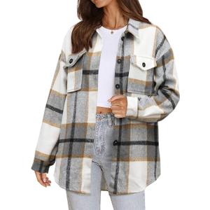 Beaully Women's Flannel Plaid Shacket Fall Winter Outfits Long Sleeve Button Down Shirts Jacket Coats with Side Pockets (Medium, Brown/Grey)