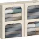 4 Pack Clothes Storage Bins with Metal Frame - 66L Stackable Storage Bins with LidsFoldable Storage Container Organizer for ClothesLinen Fabric Storage Box with Clear WindowZippersHandles (Beige)