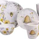 Bee Sweet 16-Piece Ceramic Dinnerware Set  Service for 4, Farmhouse Bee and Floral Design, Includes 4 Dinner Plates, 4 Salad Plates, 4 Bowls, 4 Large Mugs  Microwave & Dishwasher Safe