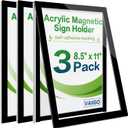 8.5" x 11" Acrylic Sign Holder Wall Mount, Self Adhesive Magnetic Display Frame with Nano Tape and Strong Magnetic Frames for Wall, Door, Glass, Home, Store, Office (Black, 3Pack)