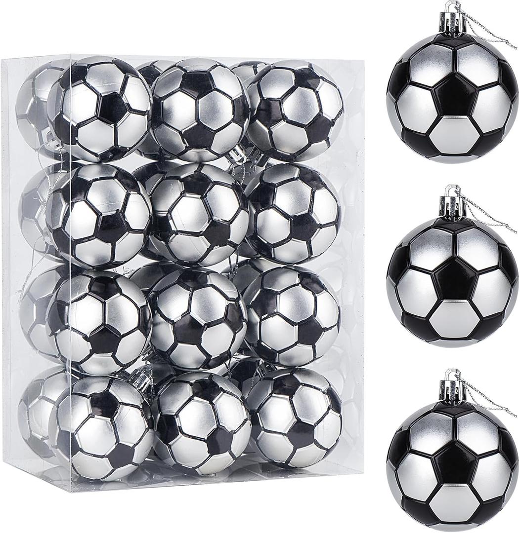 24 Pcs Christmas Sport Ball Ornament Plastic Xmas Football Soccer Ornament Balls with Hanging Loop 2.36 Inch Decorative Hanging Ornaments for Christmas Holiday Party Tree Home (Soccer*24 Pcs)