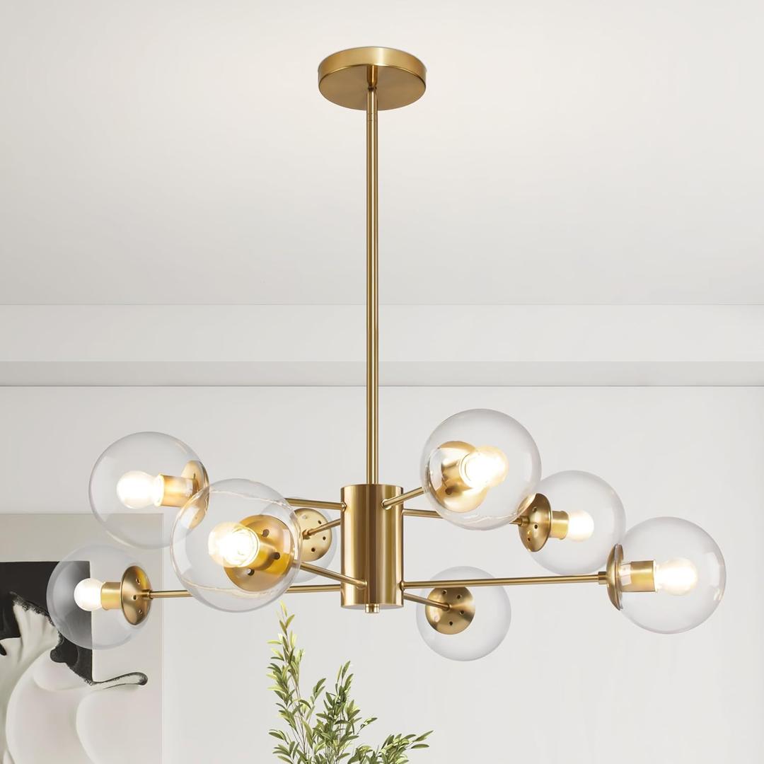 Bagood 8-Light Globe Sputnik Chandelier Modern Gold Sputnik Chandelier Mid Century Globe Pendant Light Brushed Brass Finished with Clear Glass Lampshade Chandeliers for Kitchen Bedroom, 8-Light, 35.4", 2-Tier