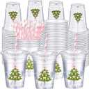Sliner 50 Pcs 16 oz Coquette Disposable Plastic Cups with Straw for Party Supplies Bow Cups Birthday Wedding Bridal Engagement Party Drinkware Baby Shower Decoration (Christmas Tree)