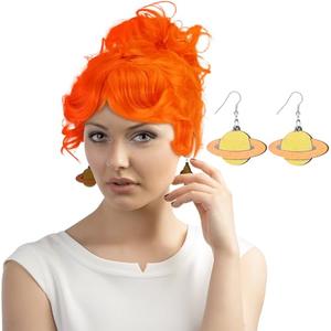 Fourluoo 2 Pcs Halloween Orange Wig Planet Earrings Set Space Earrings Curly Wavy Cosplay Wig for Women Costume Cosplay Party