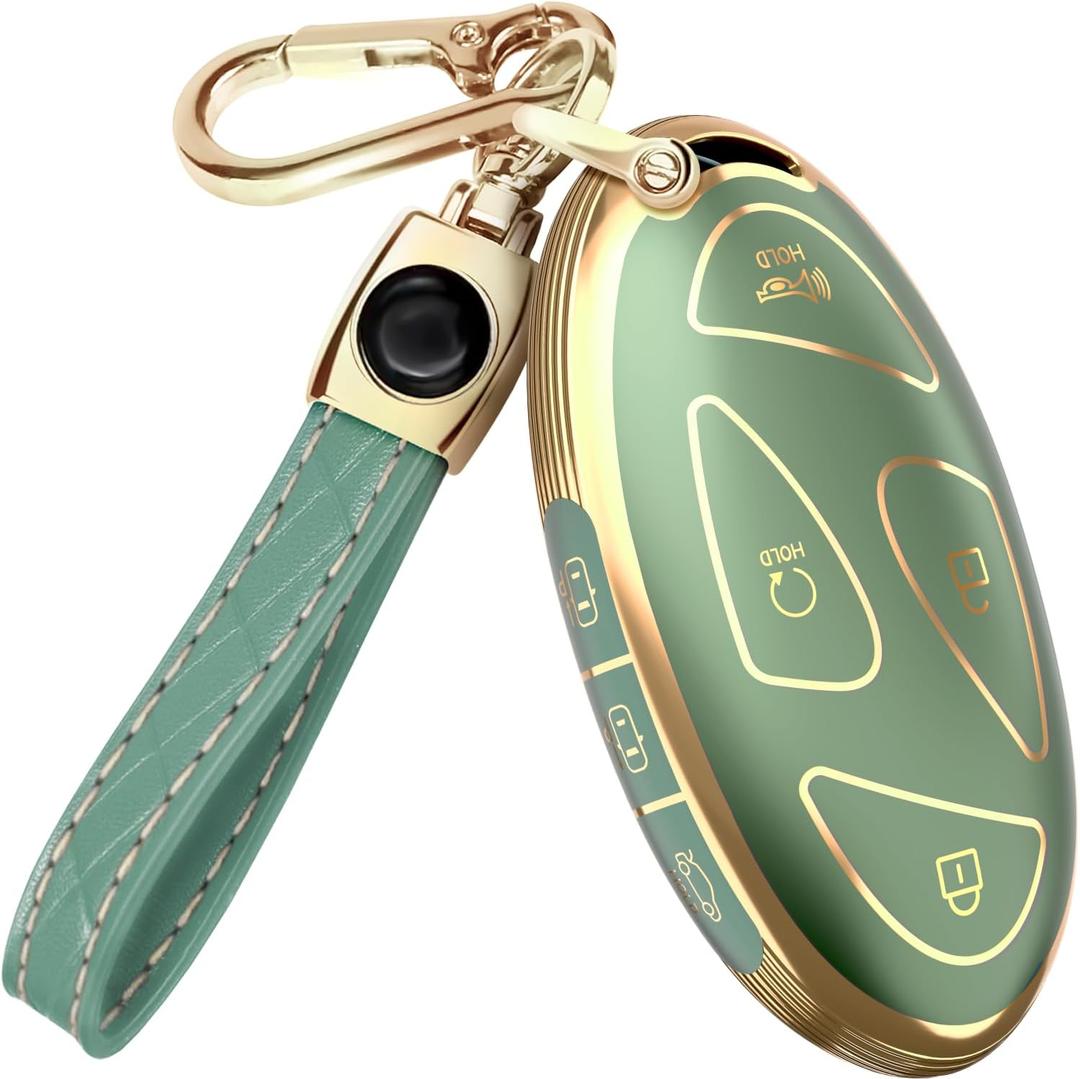 Lucrum Compatible with Hyundai Key Fob Cover & Leather Keychain, Keyfob Case for Santa Fe, Sonata, Tucson, Grandeur, Ioniq 6, KONA, Elantra - For 7 Button Remote (2022-2025) - Green and Gold