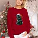MYHALF Christmas Cat Sweatshirt for Women Crewneck Christmas Long Sleeve Shirt Holiday Ugly Sweaters Top (Red, S)
