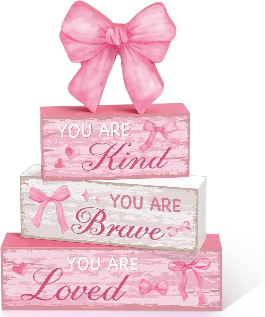 Capoda 4 Pieces Pink Bow Room Decor Bow Tiered Tray Decor Your are Kind, Brave, Loved Centerpiece Wooden Signs for Farmhouse Home Office Entryway Preppy Coquette Inspirational Table Decorations