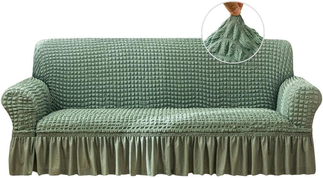 Qubjus Stretch Sofa Slipcover Sofa Covers Washable Couch Sofa Bed Cover Easy Fit Furniture Protector with Elastic Bottom and Skirt (Green, Medium)