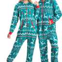 Giggling Getup Matching Pajamas for Couples, Christmas Pajamas for Women and Men, Hooded Zipper Warm Jumpsuits, 1Pcs (Large, Green)