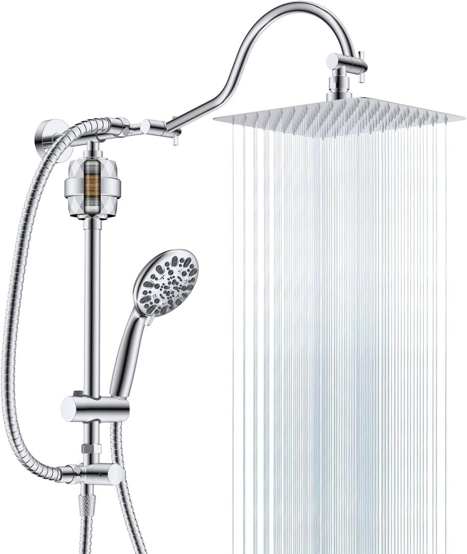Hibbent All Metal 10'' Filtered Rainfall Shower Head Combo for Easy Reach, High Pressure Shower Head System, Handheld Showerhead, Adjustable Holder, 18'' Extension Arm, Shower Filter, 7-spray, Chrome