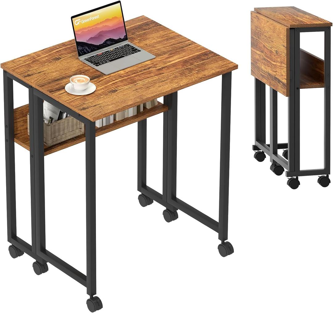 GreenForest Folding Desk Small Rolling Desk with Storage Shelf, 24.8 inch Foldable Computer Desk with Wheels for Small Space, Easy Assembly,Walnut