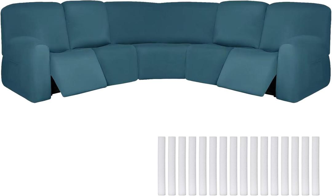 Peryiter 7 Pcs L Shape Sectional Recliner Sofa Covers 5 Seat Sectional Couch Covers Milk Silk Velvet Stretch Reclining Sofa Slipcover Furniture Protector for Living Room(Peacock Blue,Milk Silk)