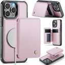 Compatible with Magsafe for iPhone 13 Pro Max Wallet Case Magnetic Card Holder, RFID Blocking 2 in 1 Detachable Kickstand Shockproof Case for Women Men, Pink