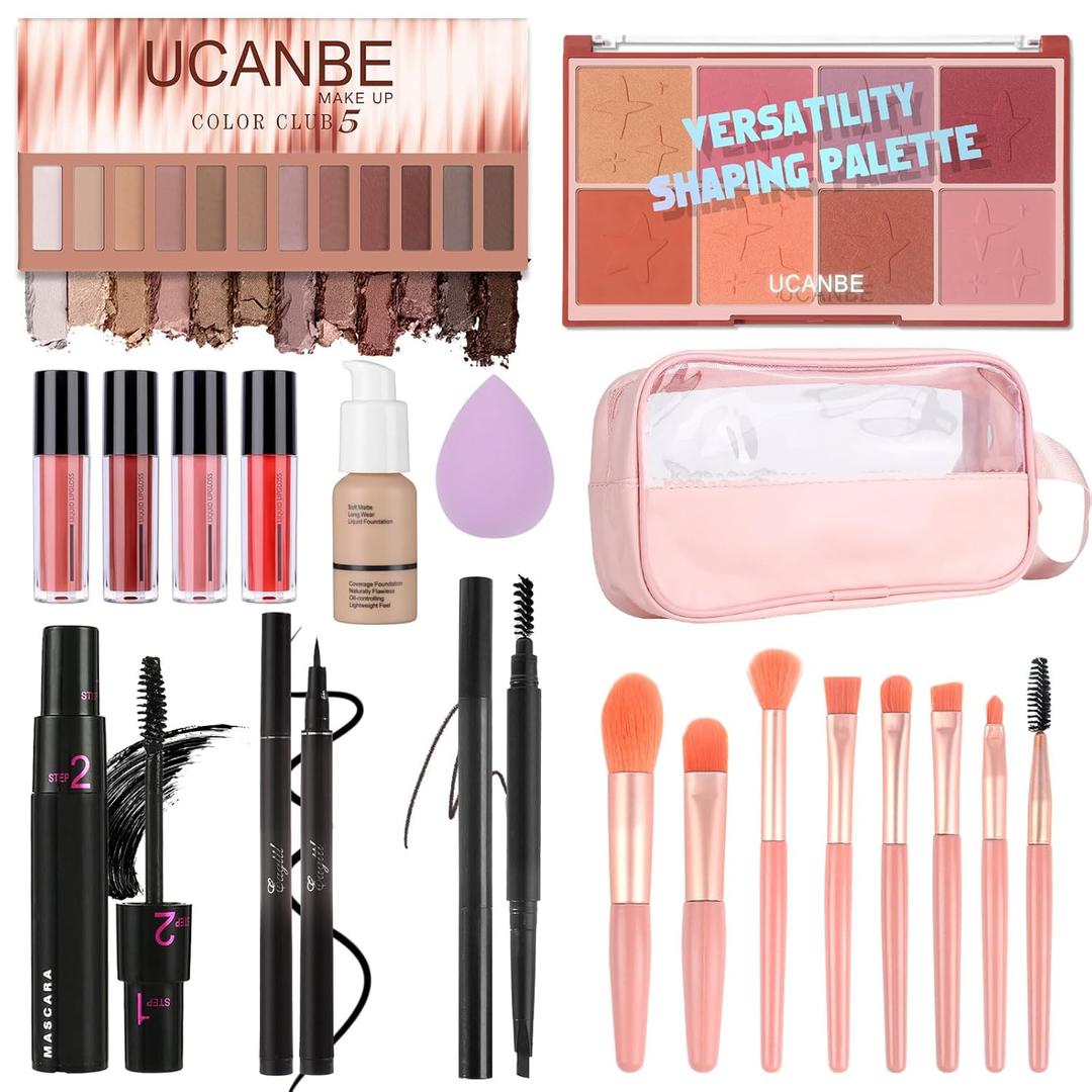 Brand Full Makeup Kit - 12 Eyeshadows, 8 Blushes, 3 Lipsticks, Mascara, Eyeliner, Brow Pencil, Foundation, Sponge, Makeup Bag & Brushes