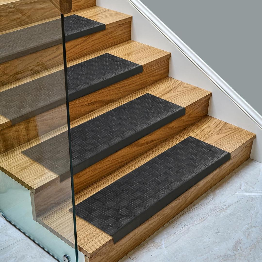 Ottomanson Outdoor Bullnose Stair Treads Ribbed Heavy-Duty Non Slip Stair Mats Strong Grip for Concrete, Brick & Textured Steps Requires Fastening on Wooden & RV Steps, Pack of 5