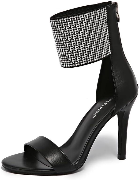 Women's High Heel Sandals Open Toe Ankle Tie Dressy Heeled Sandals for Prom, Party, Evening Events, 3.93 Inch Comfortable Thin Block Heels (Black, M)