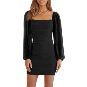 Ofenbuy Women's Mesh Long Sleeve Dress Square Neck Ruched Mini Bodycon Dress Stretch Party Cocktail Dresses (Medium, Black)
