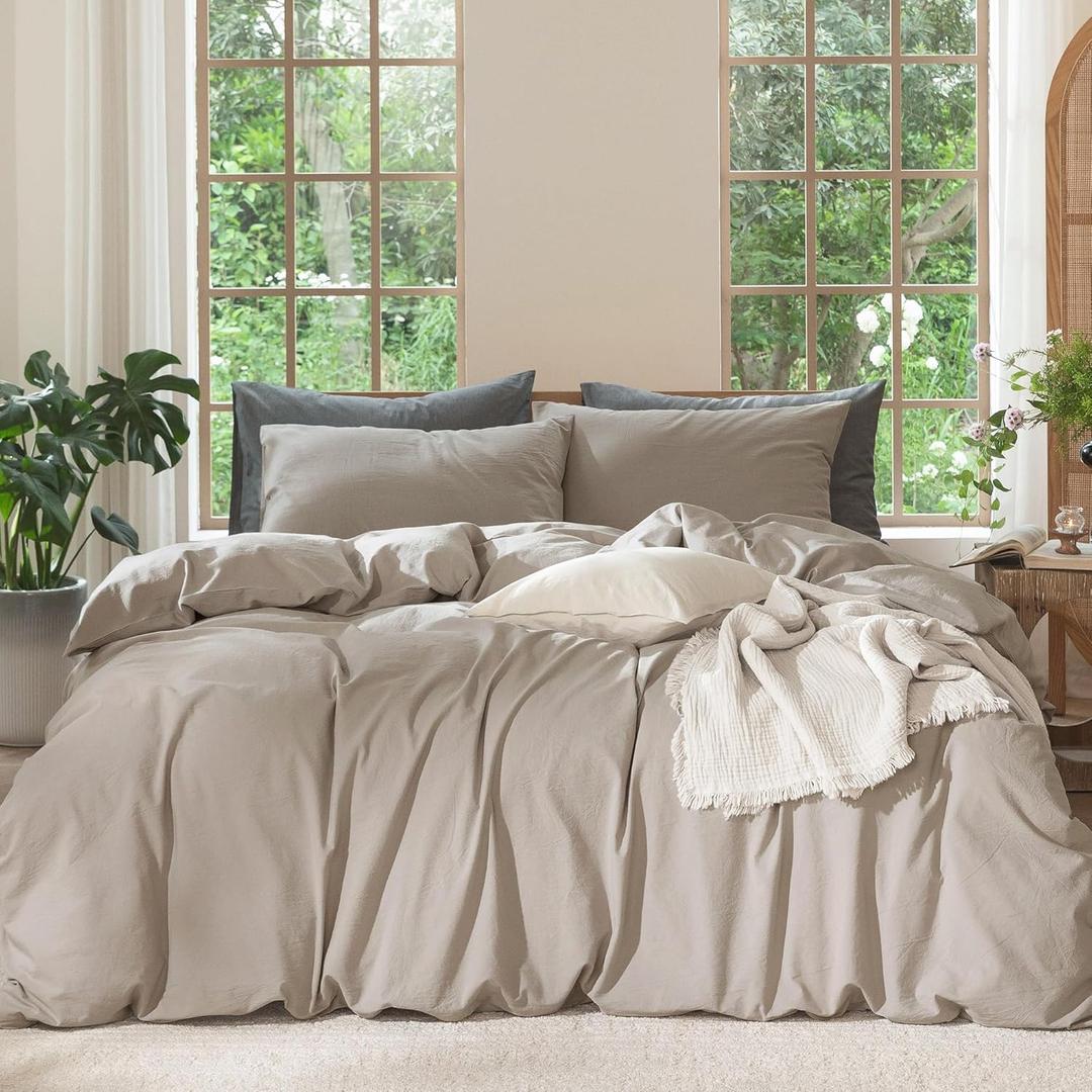MooMee Bedding Duvet Cover Set 100% Washed Cotton Linen Like Textured Breathable Durable Soft Comfy (Solid Light Tan, Queen 90"x90")