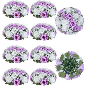 BLOSMON Fake Flowers Ball Wedding Centerpieces 10 Pcs Lilac Rose Babys Breath Artificial Flowers Center Pieces Decoration for Table Silk Kissing Floral Bouquet Arrangements for Home Party DIY Decor