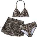 Floerns Girl's 3 Piece Swimsuit Cheetah Halter Bathing Suit and Beach Skirt Set (Brown)