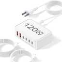 120W USB C Charger Block, 6 Port USB Charging Station for Multiple Devices, PD 30W Type C Multi Port Fast Charging Hub for iPhone 17 16 15 14 Pro Max ipad Samsung Galaxy, for Travel Home Office, White