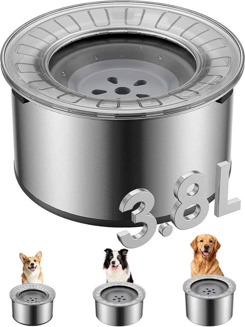 Heouvo 1 Gallon Large Dog Water Bowl No Spill,Anti Digging Lid & Rubber Bottom Spill Proof Dog Bowl, Anti Splash Mess Dripless Slow Drinking Stainless Steel Water for Sloppy Messy Drinkers Car (3.8L, Gray)