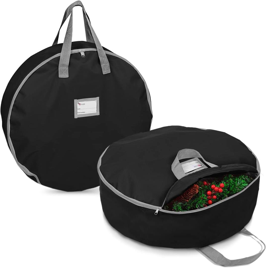 Primode Christmas Wreath Storage Bag 36" - 2 Pack Artificial Wreath Container - Garland Holiday Xmas Wreaths Holder - Sturdy Handles - Inner Straps - Card Slot Zipper Strong Oxford (36 Inch, Black)