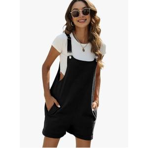Yeokou Women's Cotton Linen Short Overalls Casual Summer Bib Shortalls with Pockets M Black